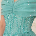 Off-the-Shoulder Sequin Evening Gown with Draped Bodice and Side Tulle Train