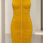 High Neck Metallic Collar Ruched Sleeveless Midi Dress