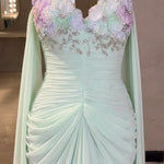 Floral Applique Sweetheart Evening Gown with Draped Cape Scarf