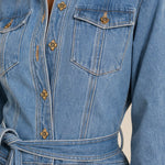 Long Sleeve Belted Button-Down Denim Maxi Shirt Dress
