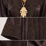 Elegant Embroidered Satin Kaftan Maxi Dress with Ornate Belt