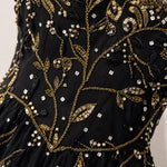 Sequined Botanical Embroidered Sleeveless Evening Gown with High Slit