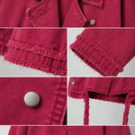 Women's Cropped Frayed Hem Denim Moto Jacket with Lapel Collar
