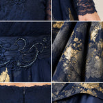 Metallic Floral Lace Long Sleeve Evening Gown with Beaded Waist