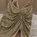 Sparkling Halter Neck Ruched Front Slit Maxi Evening Gown