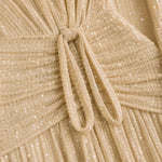 Elegant Pleated Shimmer Long Sleeve Maxi Dress with Waist Tie
