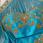 Halter Neck Embroidered Cape Evening Gown with Beaded Fringe