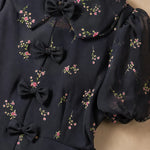 Vintage Floral Bow-Front A-Line Midi Dress with Puff Sleeves