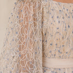 Cold Shoulder Embroidered Lace Midi Dress with Puff Sleeves and Tie Waist