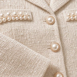Elegant Pearl Embellished Tweed Blazer and Flared Midi Skirt Set