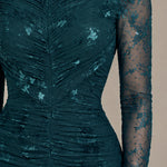 Long Sleeve Mock Neck Ruched Floral Lace Evening Gown