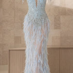 Exquisite Beaded Illusion Feather Evening Gown