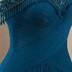 Off-The-Shoulder Beaded Fringe Ruched Chiffon Evening Gown