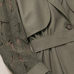 Lace-Sleeve Trench Maxi Coat Dress with Matching Belt