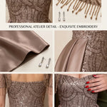 Sequin Beaded Evening Gown with Fringe Tassel Sleeves and Satin Overskirt Train