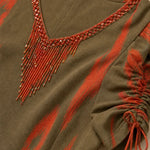 Beaded V-Neck Ikat Print Midi Dress with Ruched Sleeves