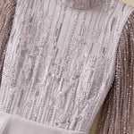Sequin Beaded Fringe Mock Neck Maxi Evening Gown with Lace-Up Back