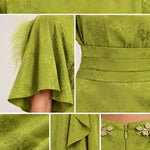 Embellished High-Neck Jacquard Maxi Dress with Flutter Sleeves and Cascade Ruffle