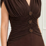 Elegant Ruched Waist V-Neck Midi Dress with Embellished Accents