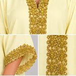 Embroidered Gold Trim V-Neck Kaftan Maxi Dress