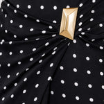 Women's Asymmetrical Neckline Polka Dot Midi Dress with Ruched Buckle Detail