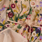 Floral Embroidered High-Neck Tulle Maxi Dress with Tiered Bell Sleeves