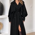 Women's Belted Midi Trench Coat with Draped Cape Detail
