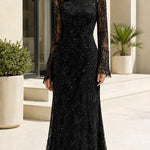 High Neck Sequin Lace Evening Gown with Long Sleeves