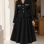 Elegant Pearl Embellished Tweed Blazer and Flared Midi Skirt Set