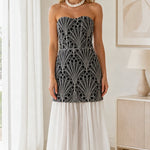 Strapless Embroidered Lace Drop Waist Maxi Dress