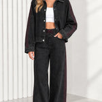 Women's Side Stripe Denim Jacket and Wide Leg Pants Two-Piece Set
