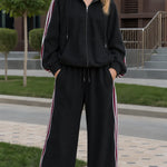 Women's Retro Striped 2-Piece Tracksuit Set Zip-Up Hoodie & Wide-Leg Pants