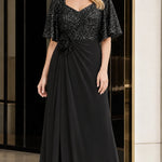 Elegant Sequin V-Neck Flare Sleeve Formal Evening Gown