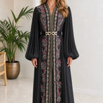 Embroidered Pleated Kaftan Maxi Dress with Embellished Belt