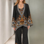 Vintage Baroque Floral Print Tunic Top and Wide Leg Pants Two-Piece Set