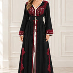 Embroidered Moroccan Kaftan V-Neck Belted Maxi Dress
