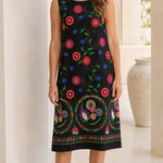 Women's Sleeveless Floral Embroidered Shift Midi Dress