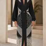 Sequin & Beaded Belted Maxi Gown with Bishop Sleeves