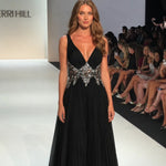 Pleated V-Neck Embellished Floor-Length Evening Gown