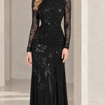 Long Sleeve Mock Neck Ruched Floral Lace Evening Gown