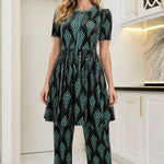 Geometric Velvet Babydoll Tunic and Straight Pants 2-Piece Set