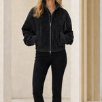 Women's Casual Full-Zip Suede-Look Stand Collar Bomber Jacket