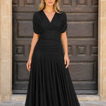 Elegant V-Neck Ruched Midi Dress with Pleated Skirt