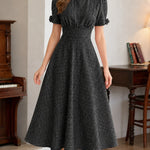 Elegant Short Sleeve Woven A-Line Midi Dress with Puff Sleeves