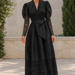 Floral Lace Puff Sleeve Belted Satin Maxi Dress