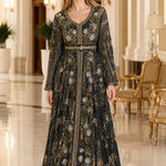 Metallic Floral Embroidered Long Sleeve Kaftan Maxi Dress with Belt
