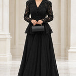 Elegant Lace Peplum Long Sleeve Formal Evening Gown