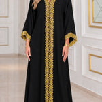 Embroidered Gold Trim V-Neck Kaftan Maxi Dress