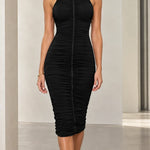 High Neck Metallic Collar Ruched Sleeveless Midi Dress
