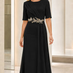 Elegant Beaded Waist Draped Short Sleeve Maxi Evening Dress